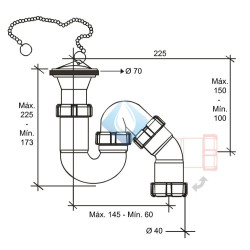 Sifón curvo con válvula extensible, tapón y cadena (salida todo ángulo)