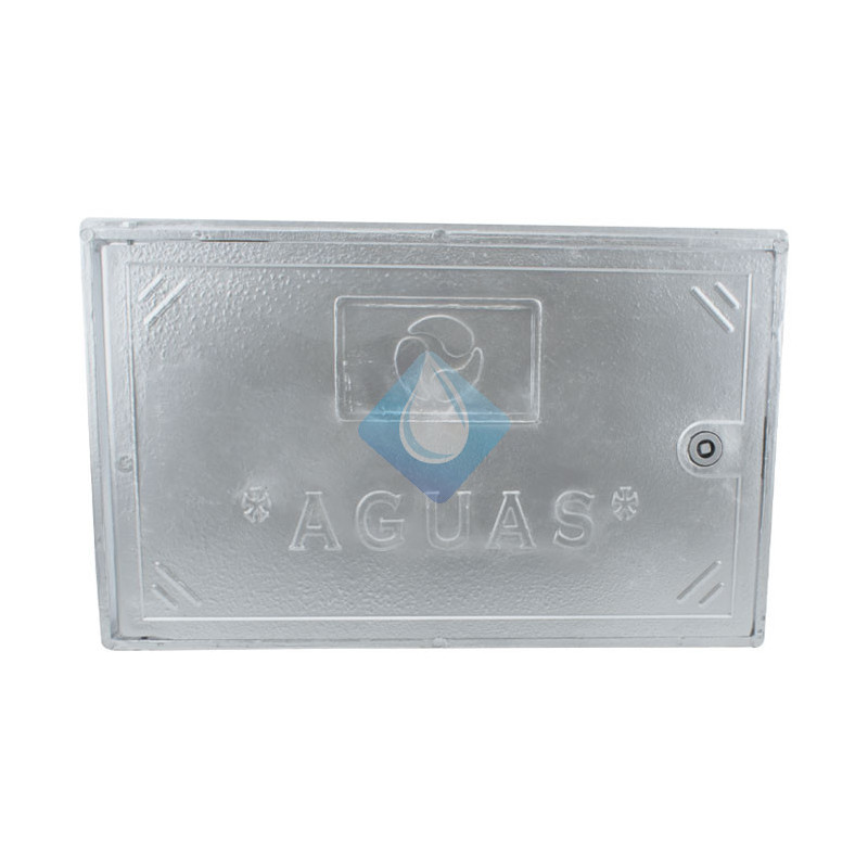 Puerta para contador con llave fabricada en aluminio de color gris. 30 x 40